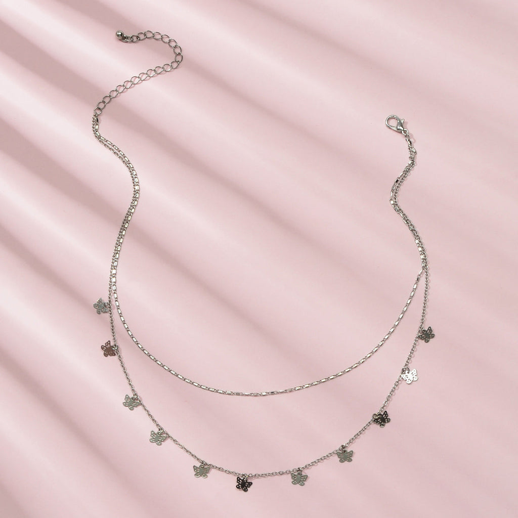 Minimalist Silver Double layer Chain Butterfly Collar Necklace Female Jewellery