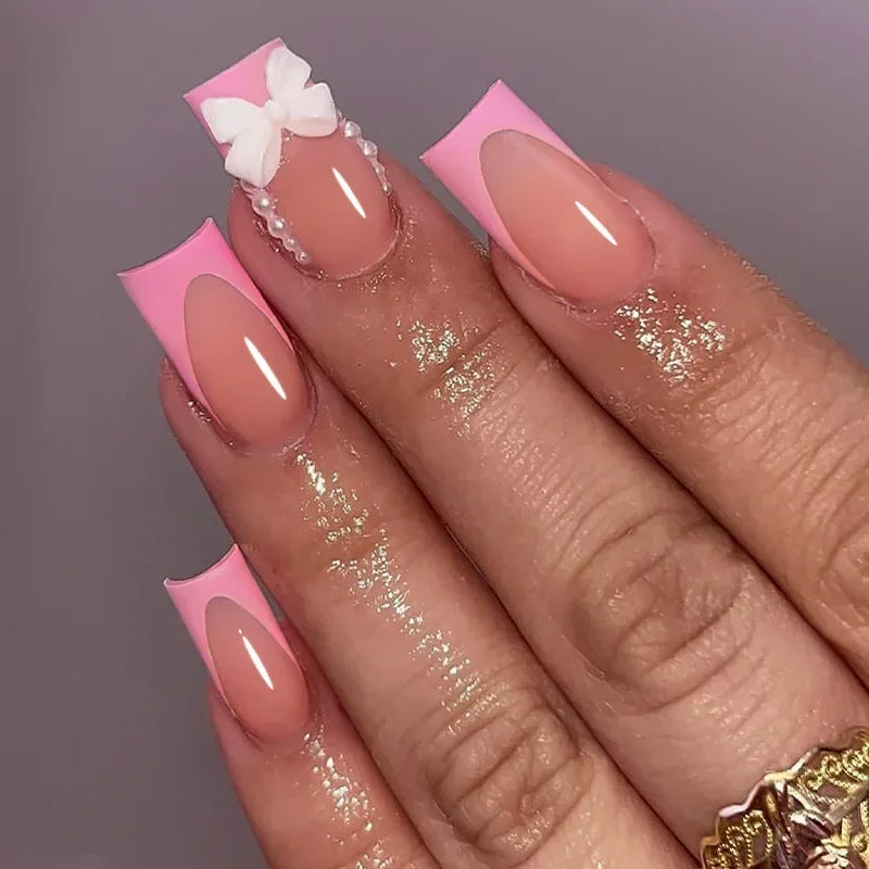 Mid Long Pink Leopard Press-On Nails with Bow
