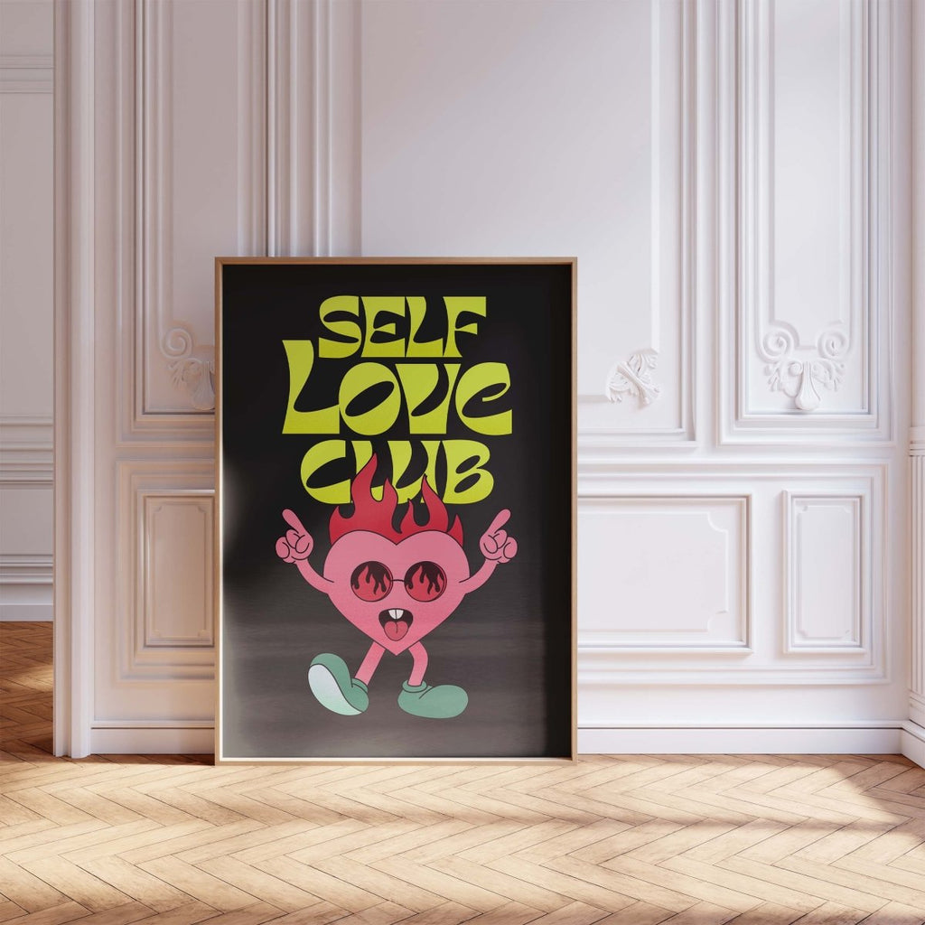 Self Love Club Poster · Flaming Herz Charakter Illustration Poster  · Retro Pop Art Typografie · Print ohne Rahmen