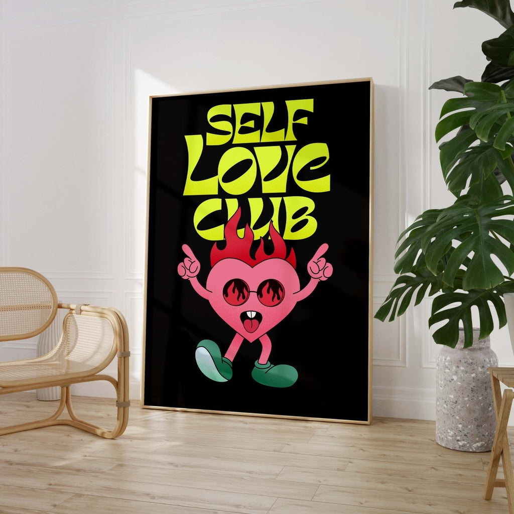 Self Love Club Poster · Flaming Herz Charakter Illustration Poster  · Retro Pop Art Typografie · Print ohne Rahmen