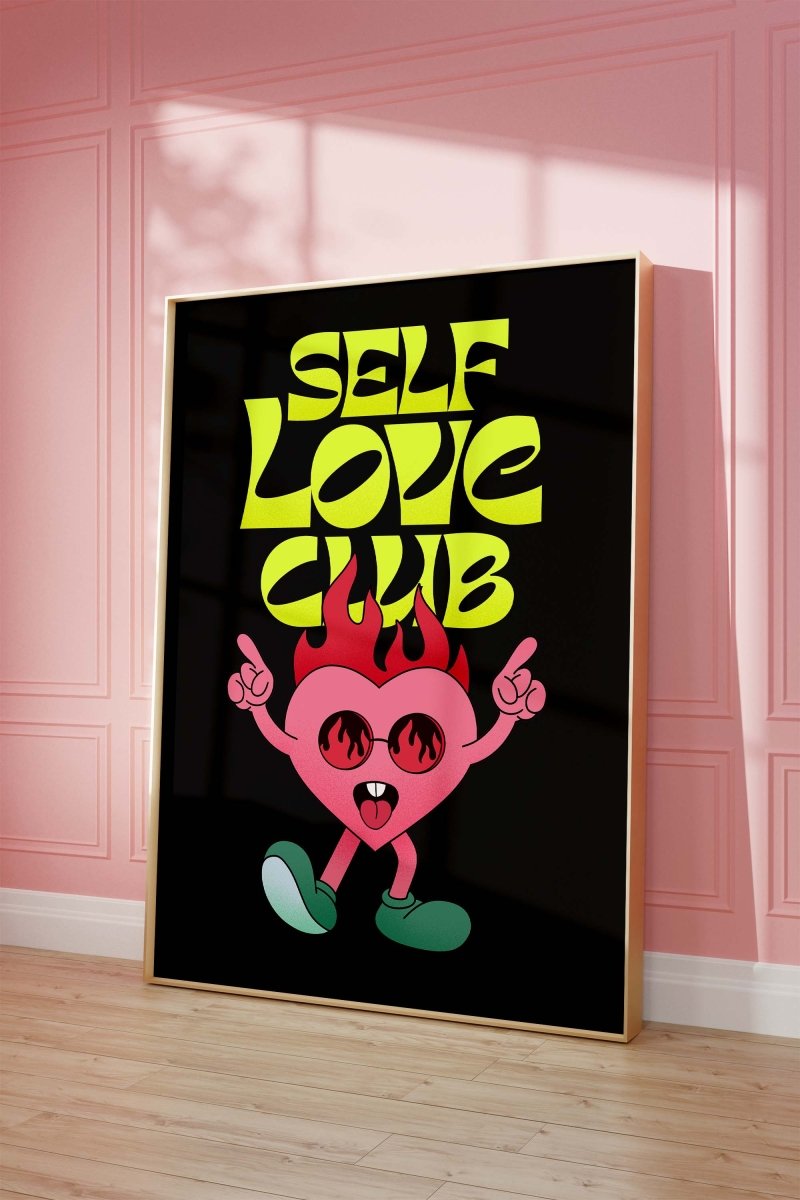 Self Love Club Poster · Flaming Herz Charakter Illustration Poster  · Retro Pop Art Typografie · Print ohne Rahmen