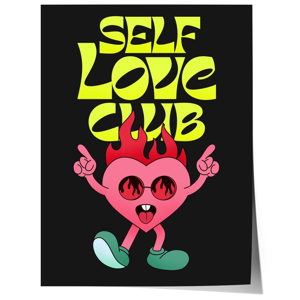 Self Love Club Poster · Flaming Herz Charakter Illustration Poster  · Retro Pop Art Typografie · Print ohne Rahmen