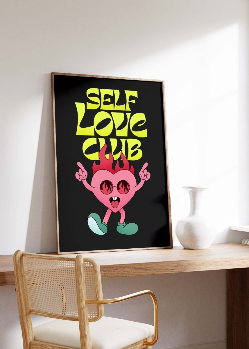 Self Love Club Poster · Flaming Herz Charakter Illustration Poster  · Retro Pop Art Typografie · Print ohne Rahmen